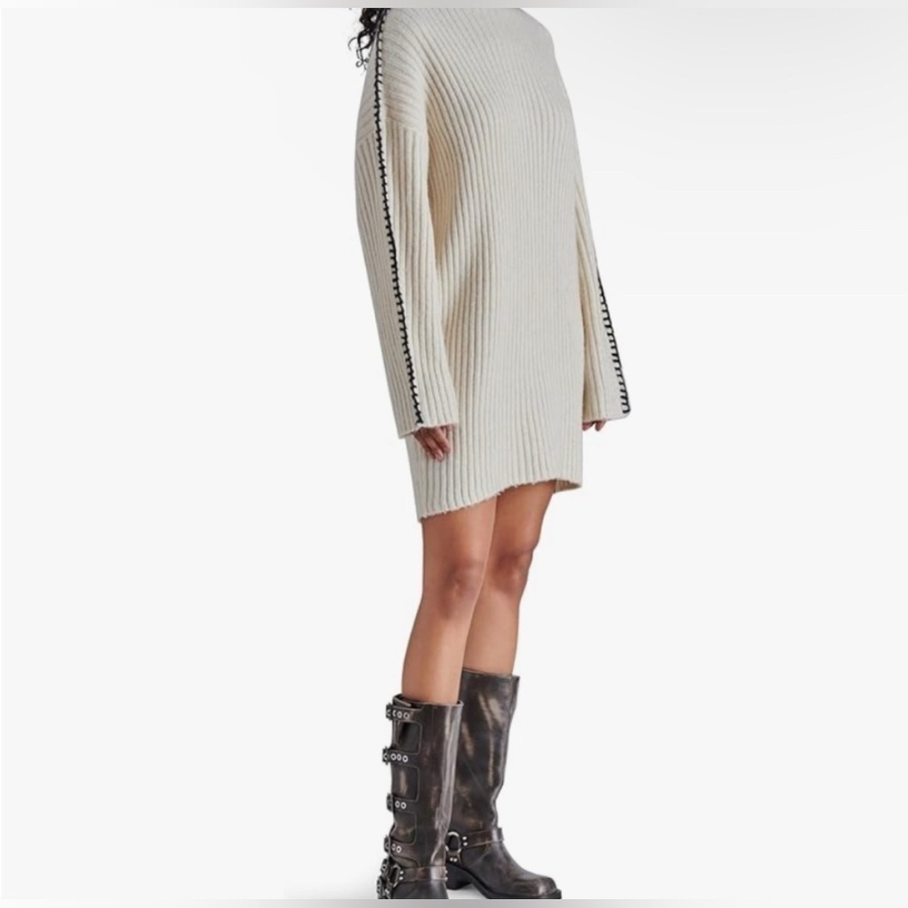 Steve Madden Women's Gemma Dress Ribbed Mock Neck White Black Stitching - Picture 3 of 11